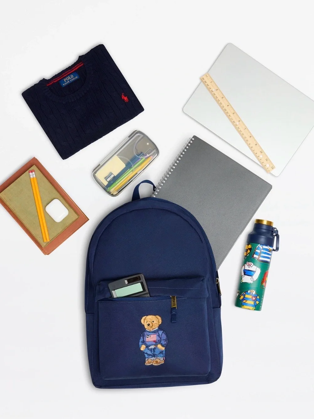 New Authentic Polo Ralph Lauren Blue Navy Bear Backpack Boys 17in Bottle Pocket